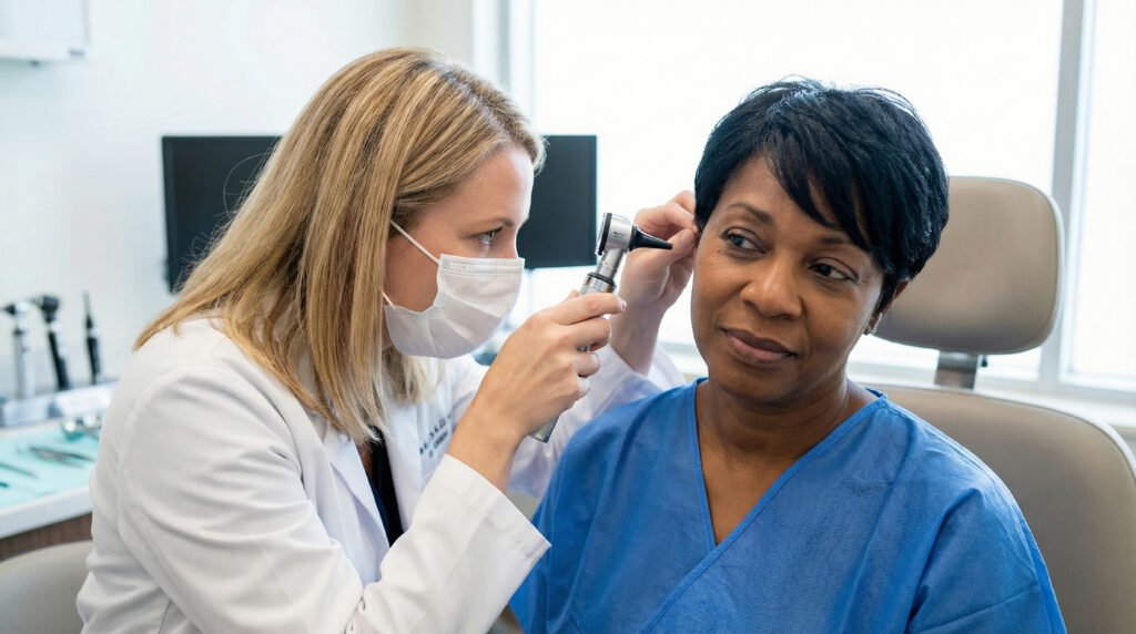 Audiologist examining a patient's ear with an otoscope in the clinic