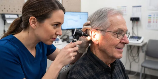 Audiologist examining a senior man's ear with an otoscope before microsuction earwax removal