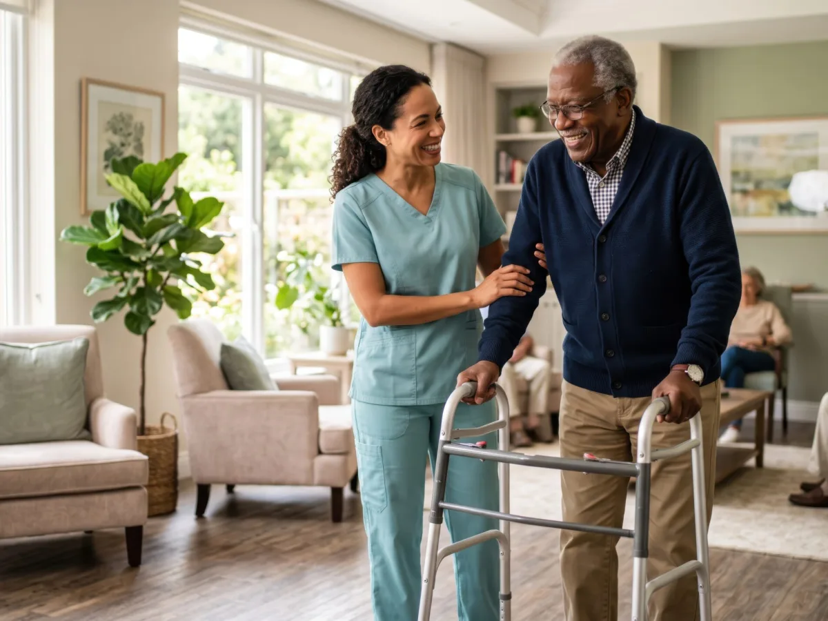 Carer supporting an elderly resident walking in a care home lounge