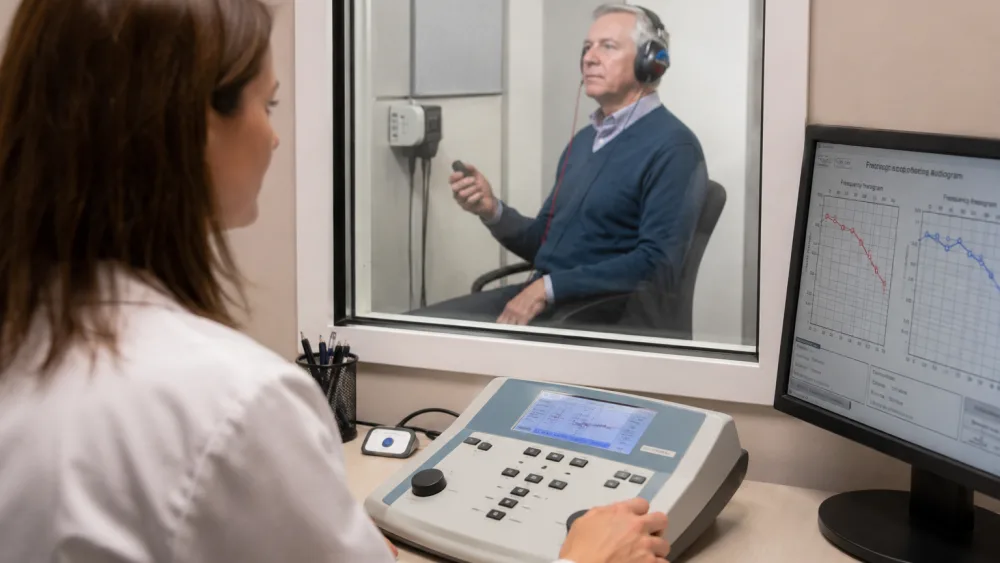 Audiologist carrying out a hearing test at the clinic