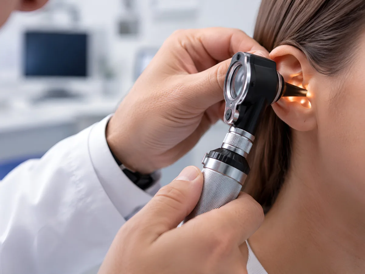 Close-up of an audiologist using an otoscope to examine a patient's ear before earwax removal