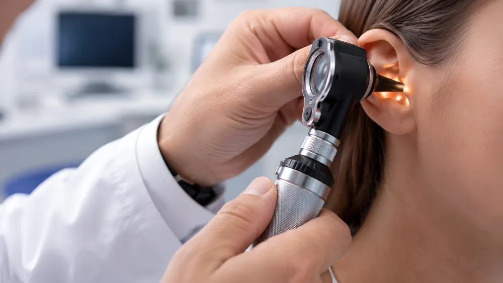 Close-up of an audiologist examining a patient's ear with a lighted otoscope