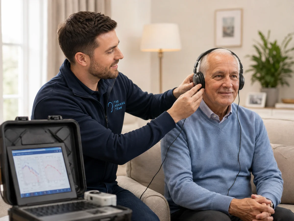 Audiologist carrying out a home hearing test for an older man in his living room