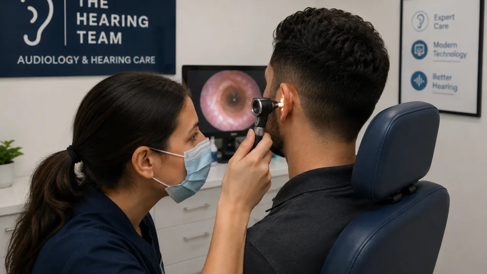 Audiologist removing earwax by microsuction